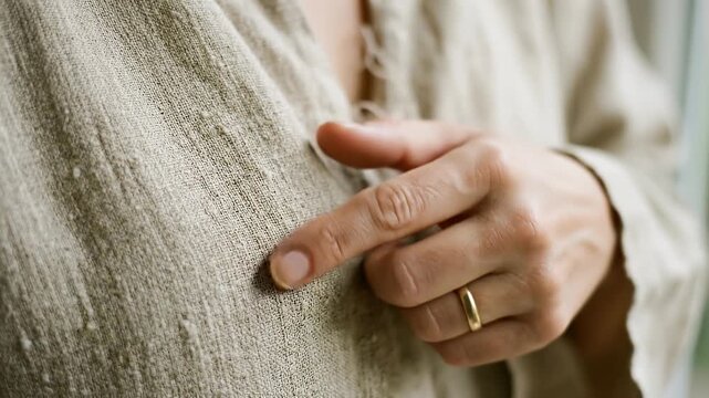 Conscious consumer linen fabric texture tactile hand touch gentle garment detail closeup calming natural minimalist lifestyle sustainable mindful