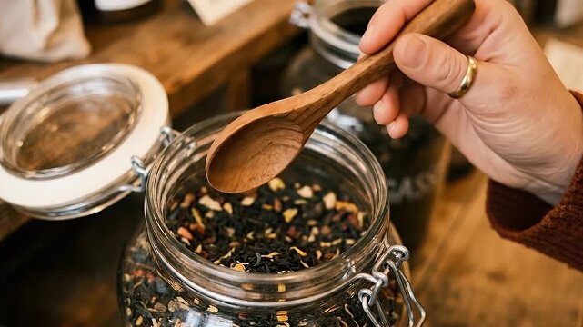 Conscious consumer loose leaf tea jar wooden spoon herbal blend organic aromatic cozy black tea glass jar dried petals eco packaging wooden scoop