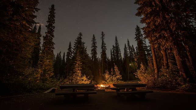 Wilderness campsite at dusk with a glowing fire under a starry night sky, evoking outdoor adventure.