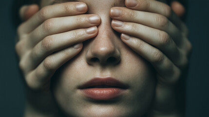 Minimalist conceptual portrait of a person with another person's hands covering their eyes from behind, expressing mystery, control, and psychological tension.