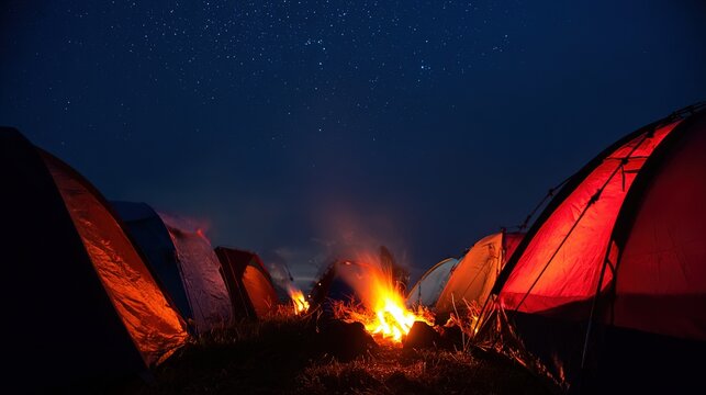 Wilderness campsite at dusk with a glowing fire under a starry night sky, evoking outdoor adventure.