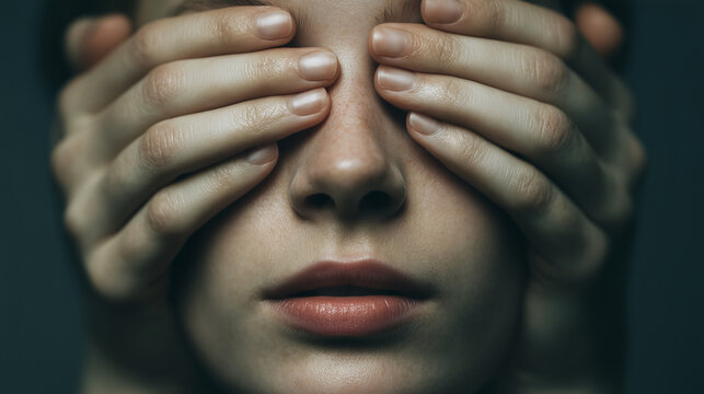 Minimalist conceptual portrait of a person with another person's hands covering their eyes from behind, expressing mystery, control, and psychological tension.