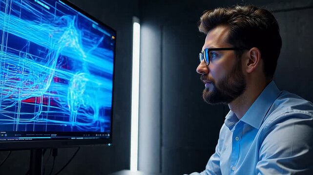 Man in blue shirt viewing digital data on monitor