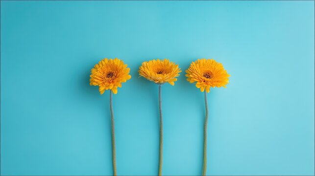 Artistic arrangement of yellow gerbera flowers against a vibrant blue background.