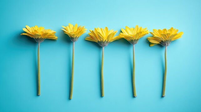 Artistic arrangement of yellow gerbera flowers against a vibrant blue background.