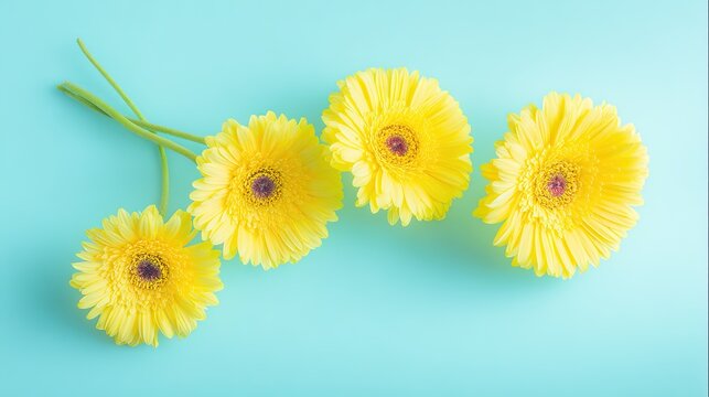 Artistic arrangement of yellow gerbera flowers against a vibrant blue background.