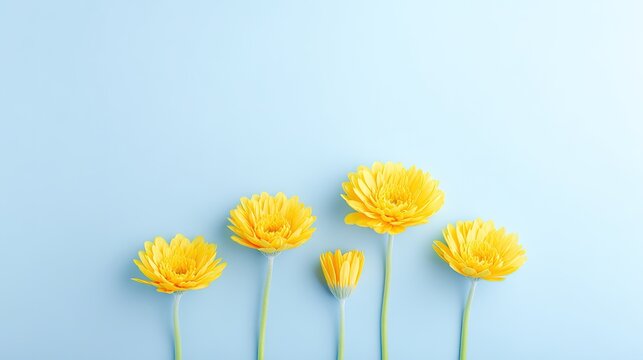Artistic arrangement of yellow gerbera flowers against a vibrant blue background.