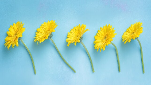 Artistic arrangement of yellow gerbera flowers against a vibrant blue background.
