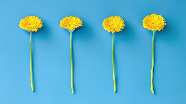 Artistic arrangement of yellow gerbera flowers against a vibrant blue background.