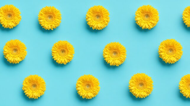 Artistic arrangement of yellow gerbera flowers against a vibrant blue background.