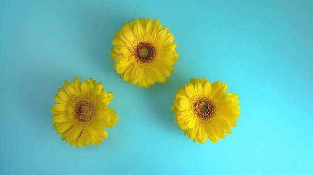 Artistic arrangement of yellow gerbera flowers against a vibrant blue background.