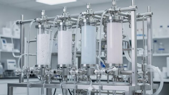 Medium shot highlighting multicolumn chromatography setup with packed columns and stainless manifolds connected by tubes illustrating continuous flow and scalable purification