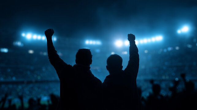 Silhouettes of two excited sports fans celebrating in a stadium with blue lighting, capturing energy, passion, and victory atmosphere during a live match.