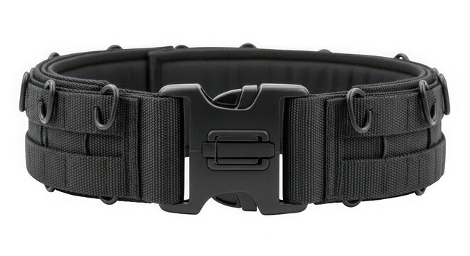 Black tactical belt with plastic buckle and metal loops isolated on transparent background