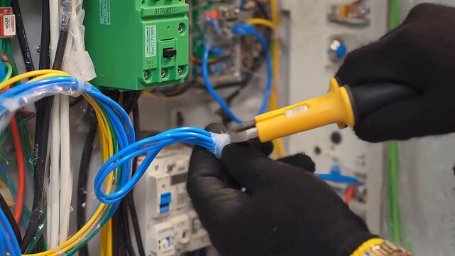 Electrician working on wiring with tools