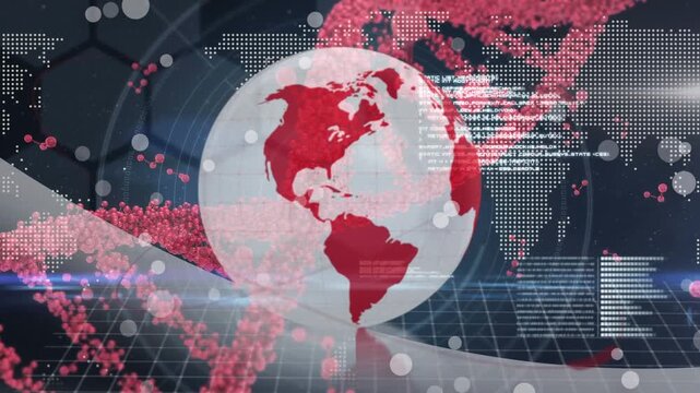 Animation of dna, globe, world map and data processing on grey background