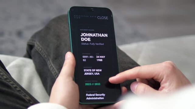 Close-up of a person verifying identity credentials via a secure smartphone application. Modern dark mode UI with fully verified status. Ideal for projects on identity theft prevention, digital
