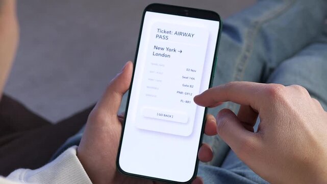 Person using travel booking app to check flight ticket. Checking electronic boarding pass on a phone. Clean interface shows flight details and seat info. Great for corporate travel videos, smart
