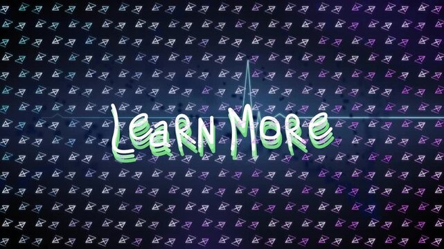 Animation of learn more text and heartbeat pulse and triangles against blue background