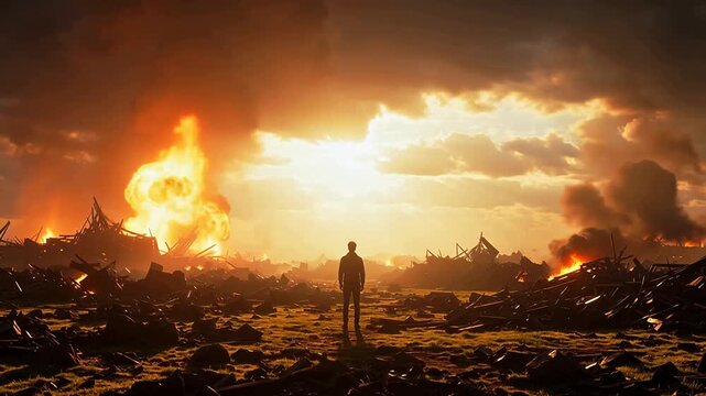 Person standing amidst destruction and fire