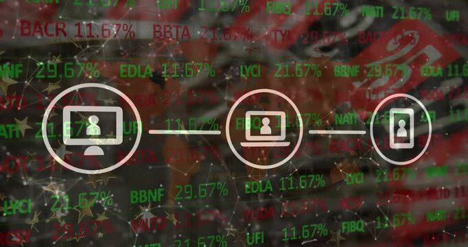 Animation of roulette and media icons over data processing