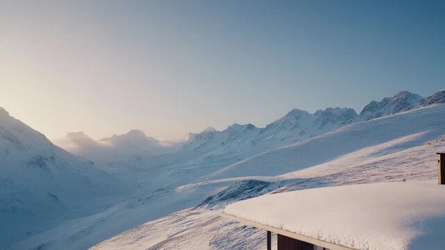 Modern luxury cabin with sleek architecture perched on a snowy alpine slope, offering panoramic sunset views, warm light, and serene winter landscape for a tranquil escape