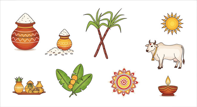 Pongal Festival Icons: Sugarcane, Pot, Cow, Sun, Lamp, Rice, Kolam