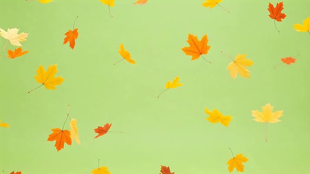 Flying autumn leaves against green background
