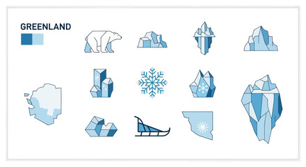Greenland Icons: Polar Bear, Icebergs, Snowflake, Sled, Map © malika