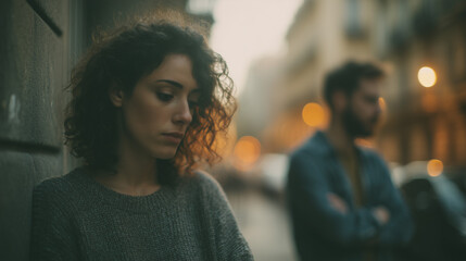 Obraz premium Sad woman looking down with blurred couple in background, expressing heartbreak, loneliness, and emotional pain in modern relationship concept.