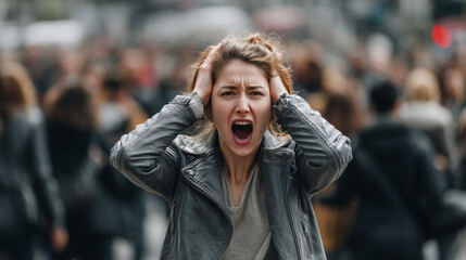 Fototapeta premium Woman shouting in crowded street, expressing anger, stress, and emotional overload in busy urban environment with blurred people background.