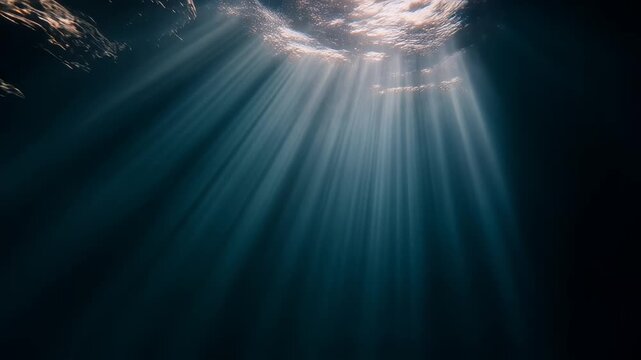 Sunbeams piercing through a dark underwater cave opening