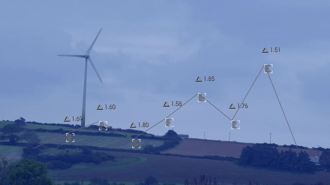 Large white wind turbine generating power data over rolling farmland with animated overlay markers