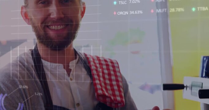 Barista tamping espresso, aligning portafilter for coffee analytics activating animated data charts
