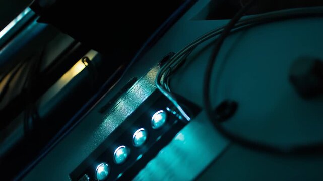 Server room equipment features a row of five glowing blue lights and intricate wiring, creating a modern, high tech, and abstract visual for data processing and communication concepts