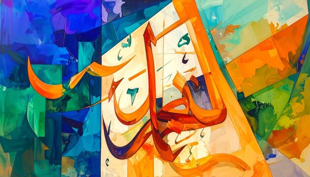 Abstract Arabic calligraphy with bold flowing lines, vibrant geometric background in blue, green, orange, yellow, fusion of tradition and modern art, striking cultural composition.