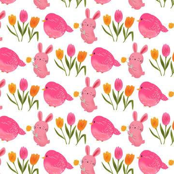 Cute Pink Bird Bunny and Tulip Spring Pattern