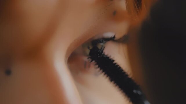Extreme close-up woman applying mascara to eyelashes