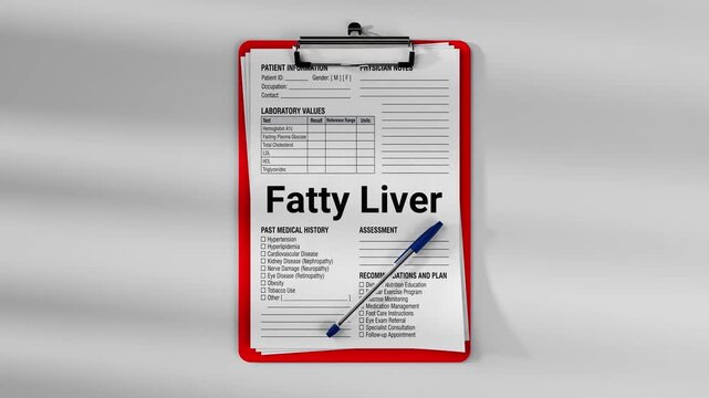 Medical patient health report on clipboard with Fatty Liver text 3D animation of physician notes laboratory values and assessment plan for healthcare concept