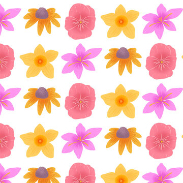 Spring Flower Pattern with Pansy Daffodil Crocus and Cosmos