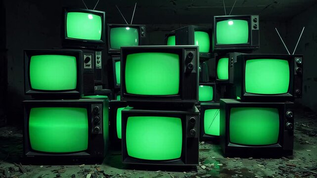 Stacks of old TVs with green screens
