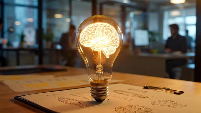 Light bulb with brain inside on office desk