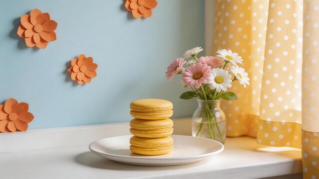 Yellow macarons on plate with flowers