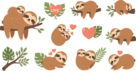 Fototapeta premium Collection of cute sloth characters in various poses with tropical leaves and hearts
