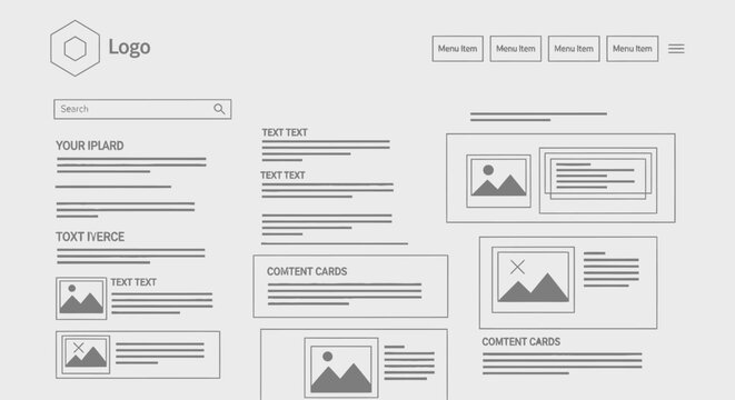 Simple Web Page Wireframe Layout with Logo, Search Bar, Menu, Text Sections, and Image Cards on a clean white background.