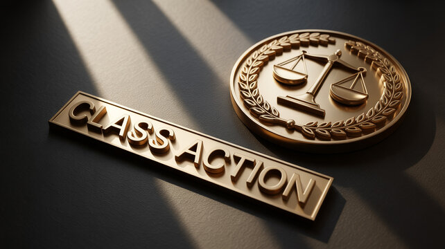 Elegant golden Class Action text plate positioned beside a ornate scales of justice medallion on a dark surface with strong directional light and deep