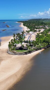 Porto Seguro Skyline At Porto Seguro In Bahia Brazil. Beach Landscape. Beautiful Coastline. Travel Destination. Porto Seguro Skyline In Porto Seguro In Brazil. Mangrove Sand Bank. Brazil Northeast.