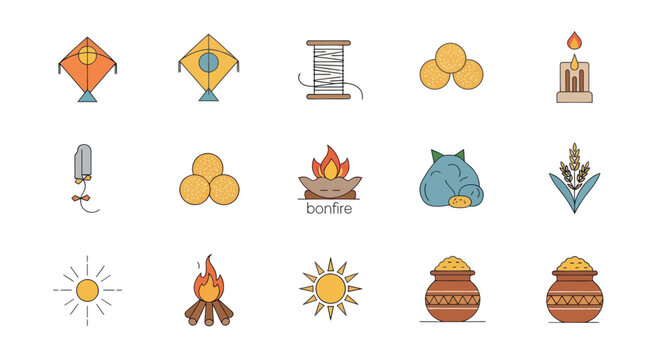 Lohri Festival Icons: Kites, Bonfire, Sun, Grains, Pottery, Candle, Hay Bales