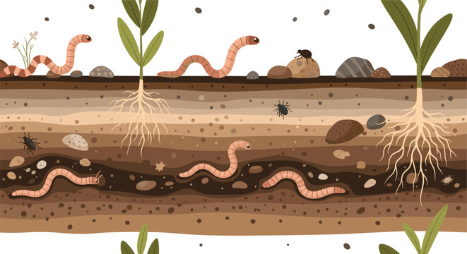 Soil layers cross section with earthworms, insects and plant roots, underground ecosystem illustration showing organic matter, geology and agriculture environment vector design