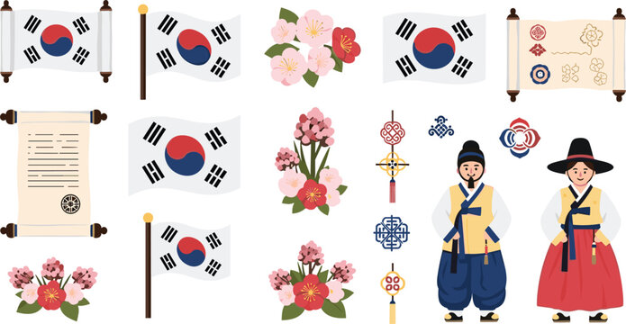 South Korea traditional symbols set with national flag, hanbok characters and cherry blossoms, Korean culture elements collection for heritage and festival vector illustration